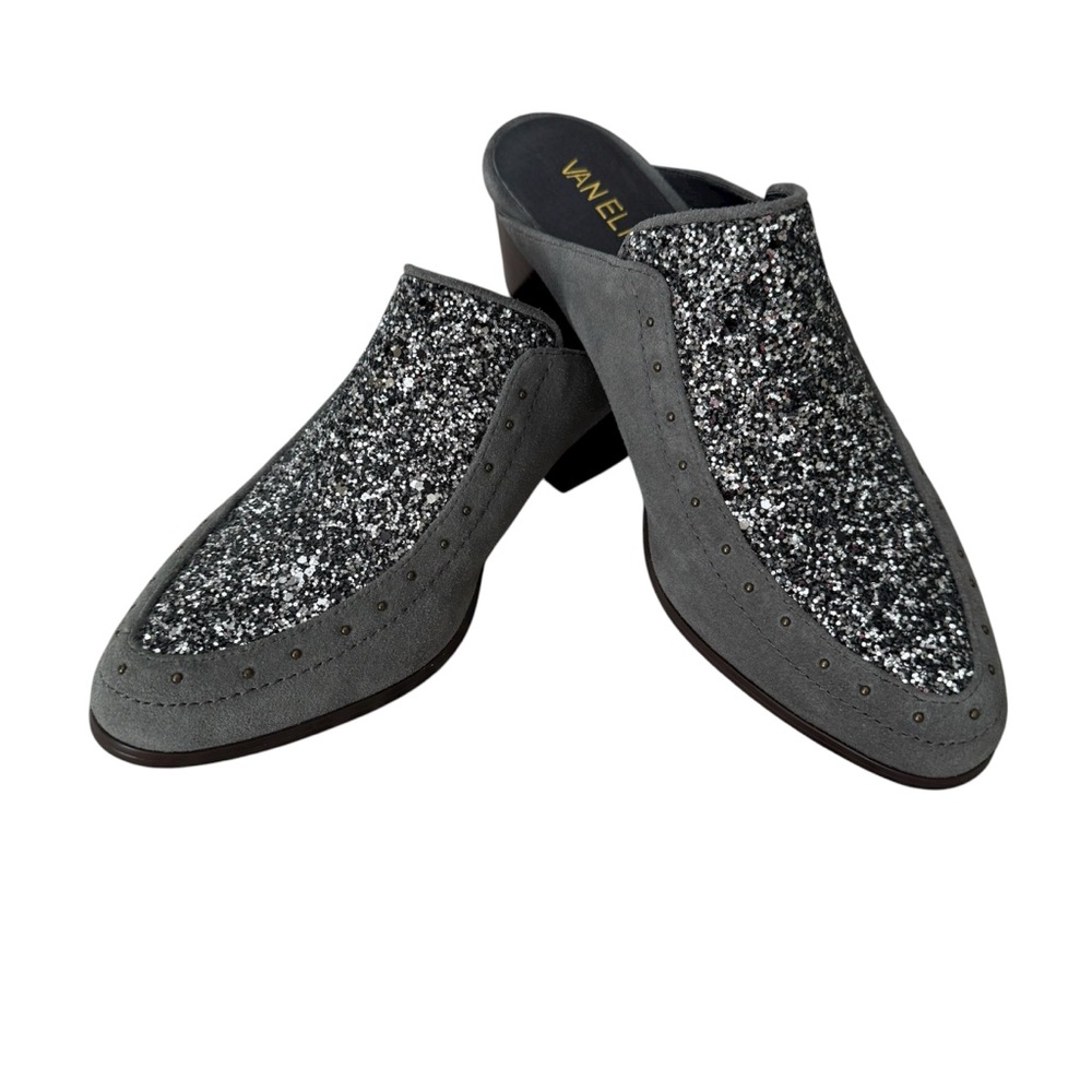 NWOB Vaneli Bary Gray Suede Leather Mule Glitter Upper Nail Detail Block Heel 8N
